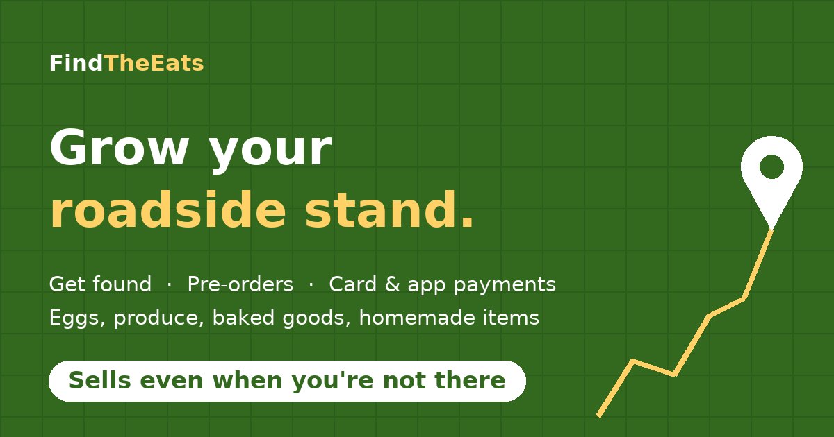 Grow your roadside stand: get found, pre-orders, card and app payments, for eggs, produce, baked goods and homemade items